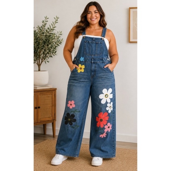 MISSLOOK Denim - Misslook Womens Denim Overalls 3XL Painted Floral Wide Leg Boho Artsy Retro
